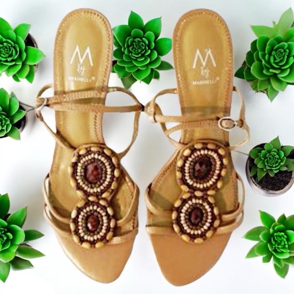 Marinelli “Riona” Beaded Wooden Bezel Stone T-Strap Heels Sandals - Picture 6 of 16